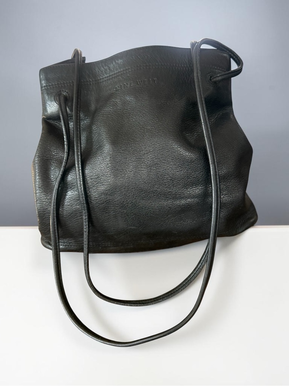 Free during live show Nine West Black Leather Drawstring Shoulder Bag
